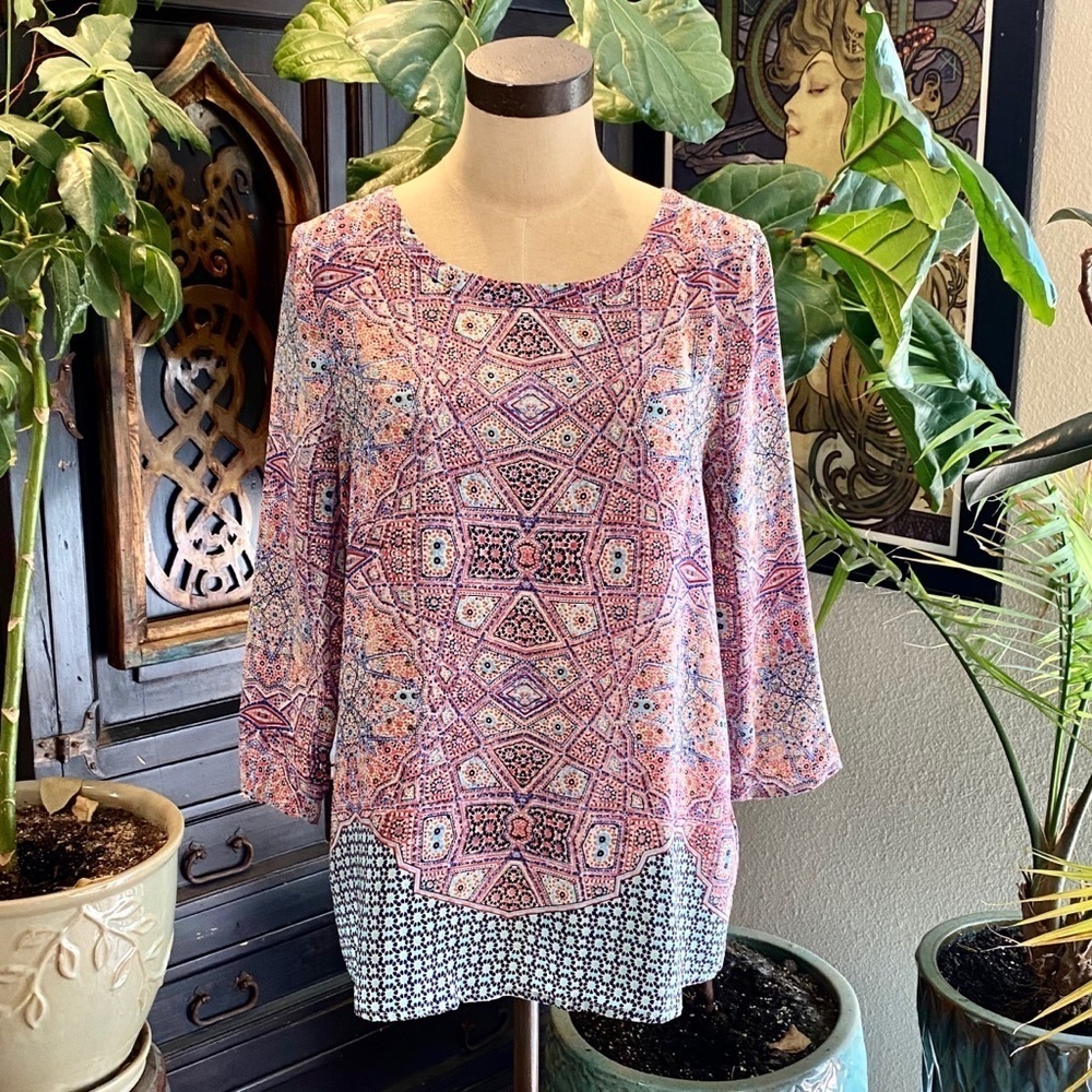 Anthropologie floral silk button back tunic top
